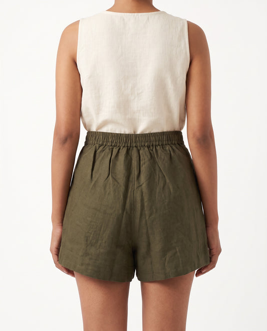 Olive linen skort with pockets, back view with elastic waist