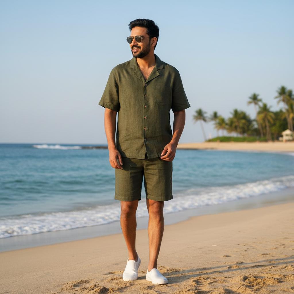 100% Linen Olive shirt and shorts cord set