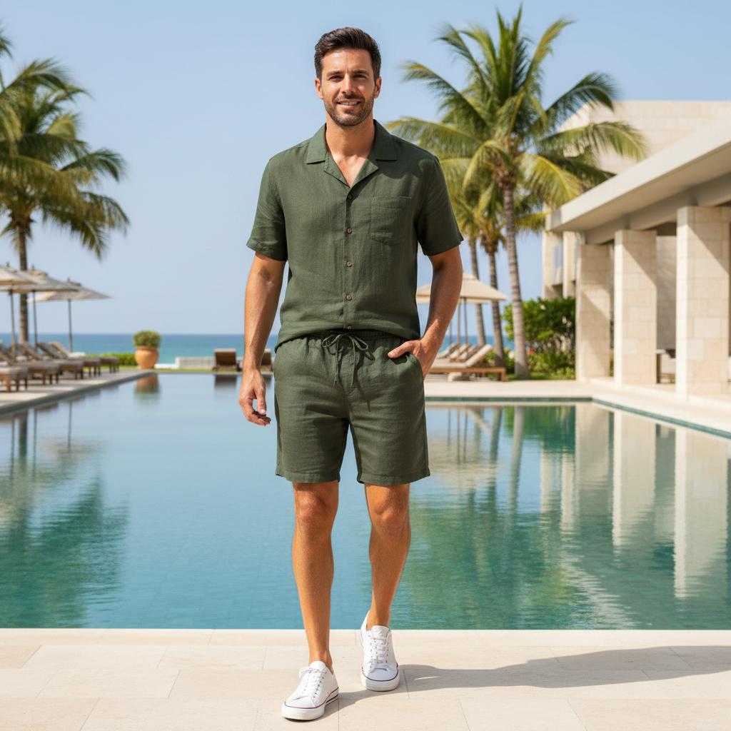 100% Linen Olive shirt and shorts cord set