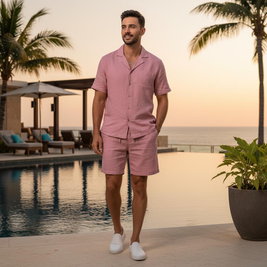 100% Linen Rose Pink shirt and shorts cord set