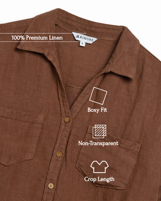 Oversize Boxy Crop Shirt - Women- 100% Premium Linen - Brown
