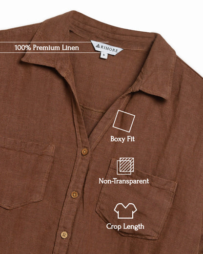 Oversize Boxy Crop Shirt - Women- 100% Premium Linen - Brown