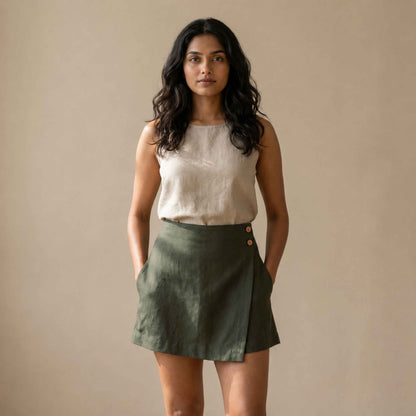 Linen Skorts for Women with Pockets- Olive