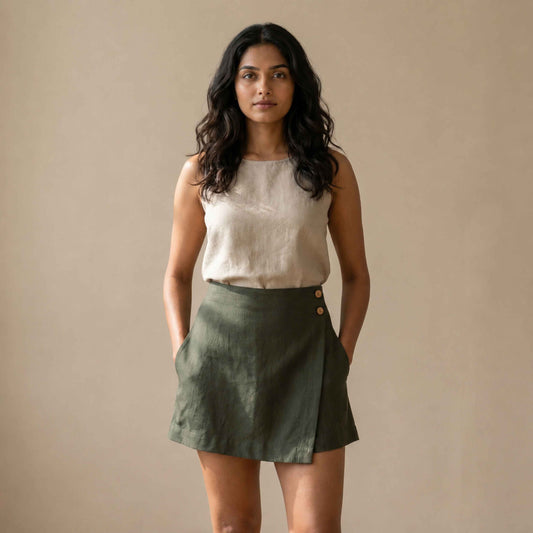 Linen Skorts for Women with Pockets- Olive