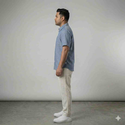 Linen Half-Sleeve Regular Collar Shirt for Men- Blue