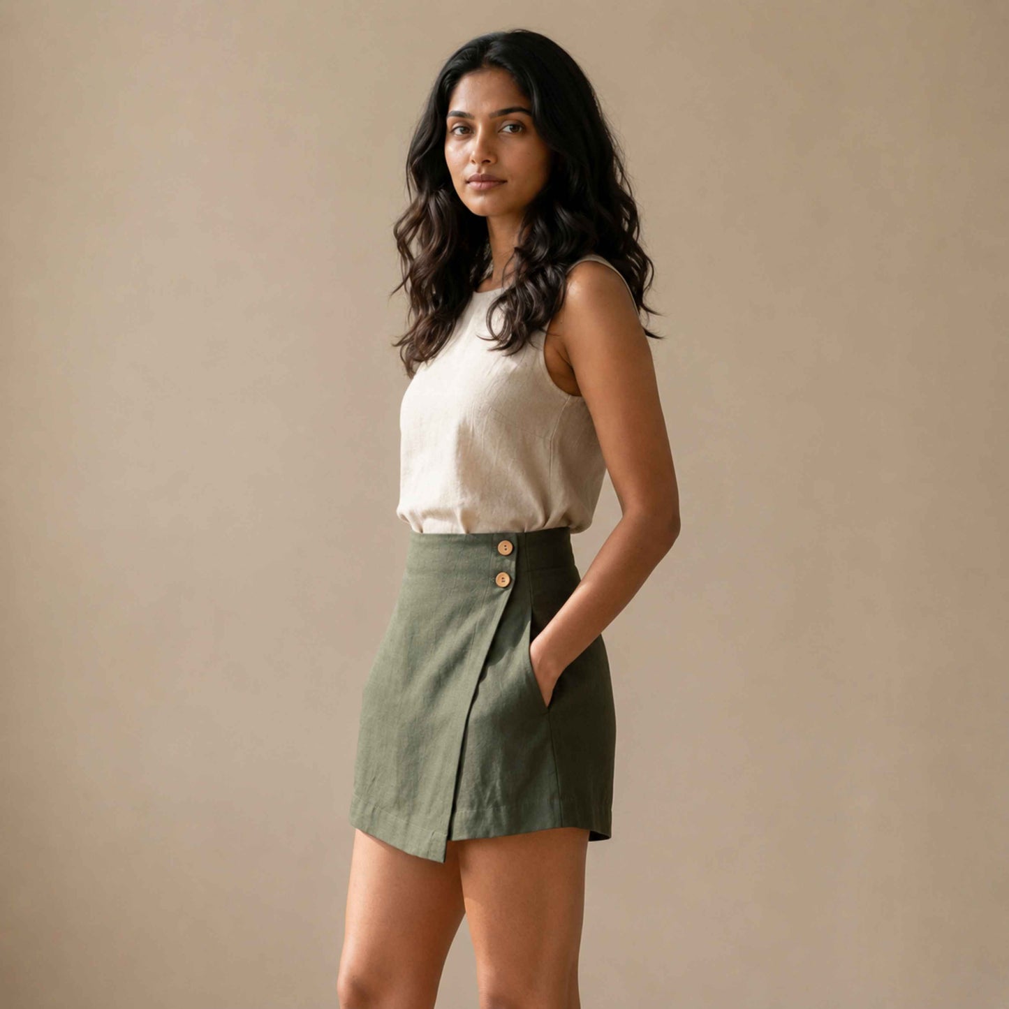 Linen Skorts for Women with Pockets- Olive