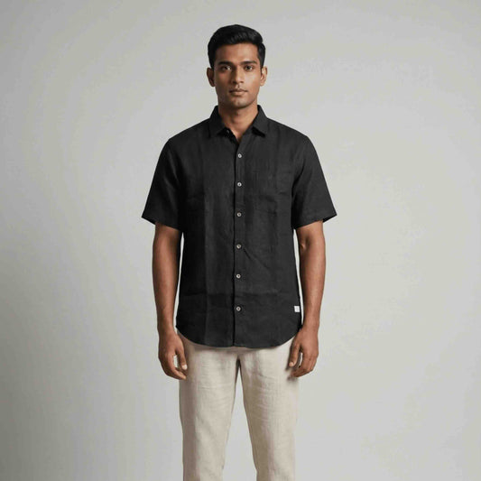 Linen Half-Sleeve Regular Collar Shirt for Men- Black
