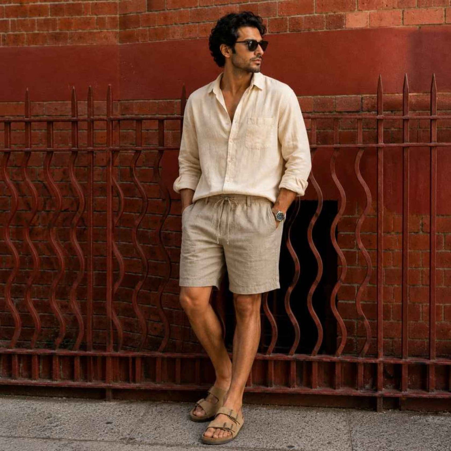 Linen Buttoned Shorts for Men- Taupe