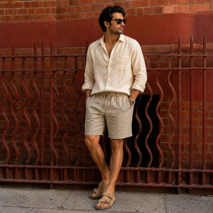 Linen Buttoned Shorts for Men- Taupe