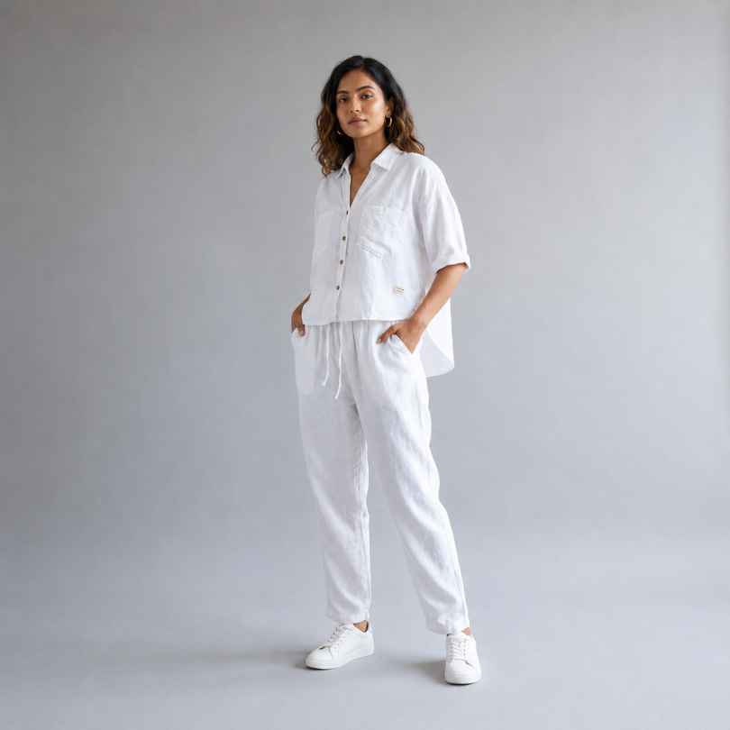 Linen Relaxed Co-ord Set for Women- White