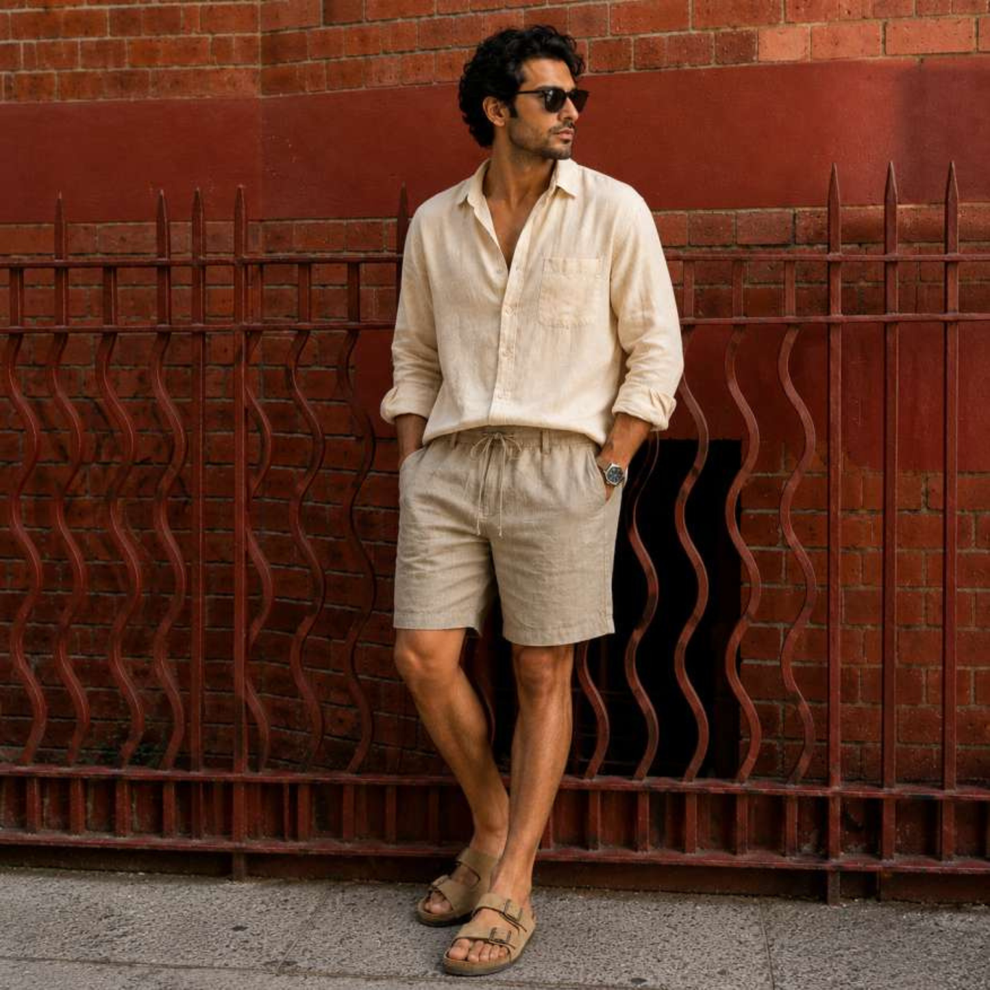 Linen Buttoned Shorts for Men- Taupe