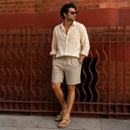 Linen Buttoned Shorts for Men- Taupe