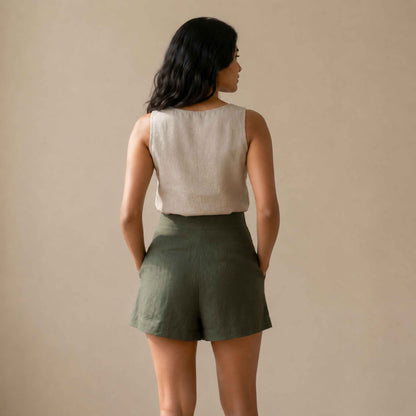 Linen Skorts for Women with Pockets- Olive