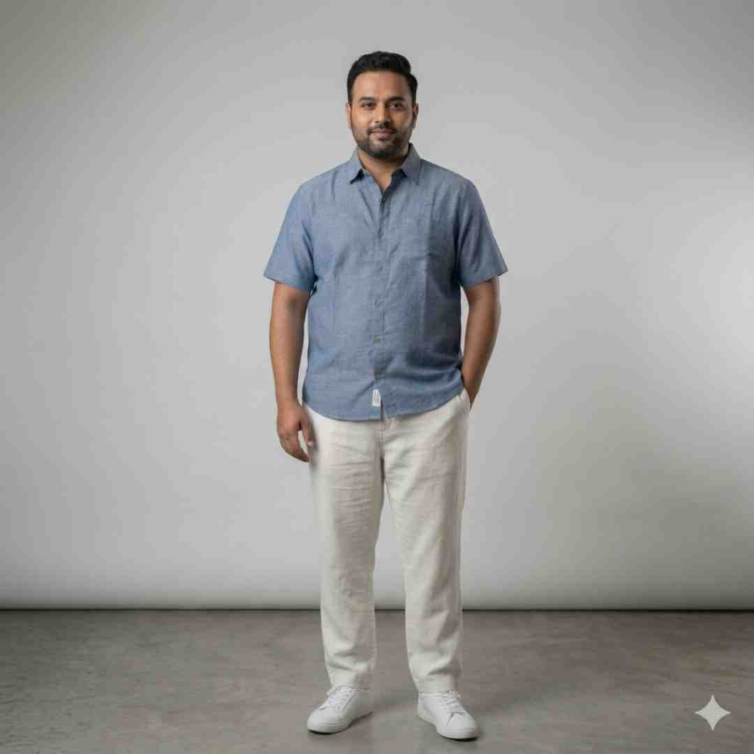 Linen Half-Sleeve Regular Collar Shirt for Men- Blue