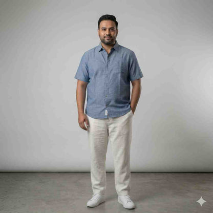 Linen Half-Sleeve Regular Collar Shirt for Men- Blue