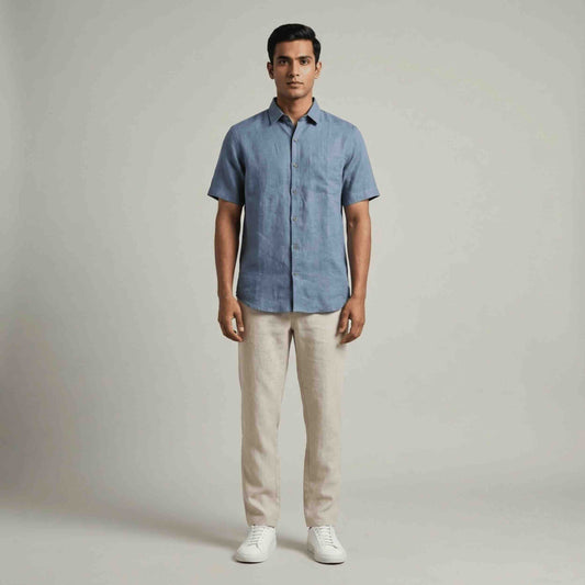 Linen Half-Sleeve Regular Collar Shirt for Men- Blue
