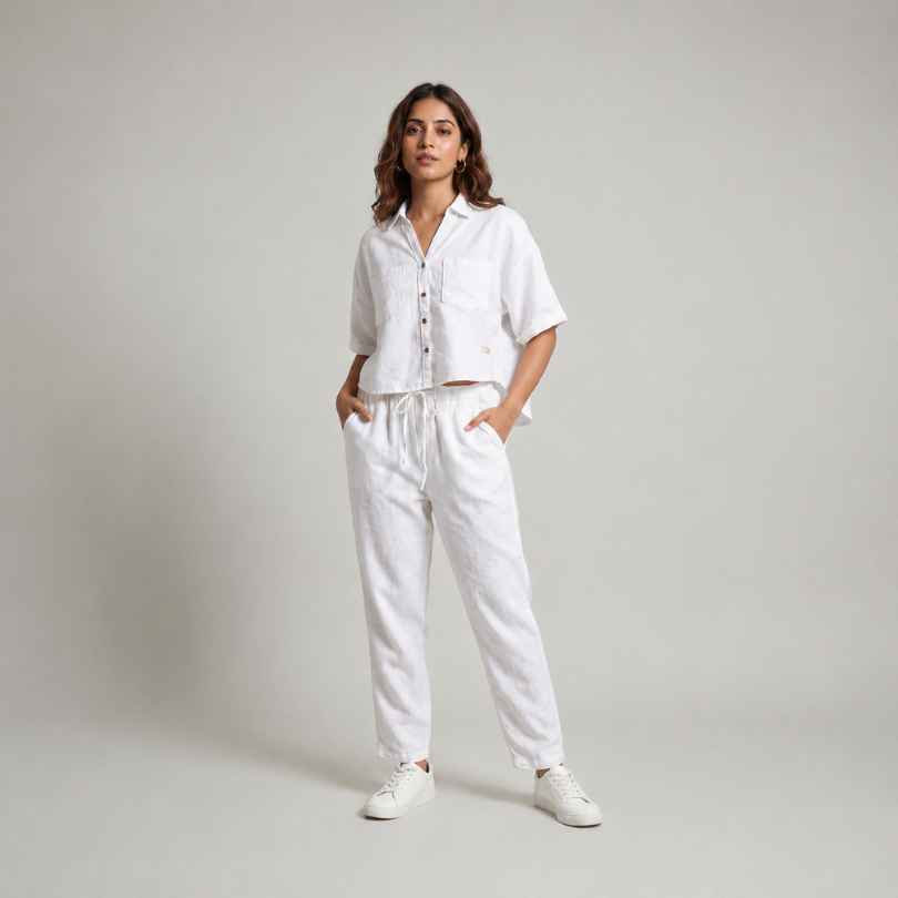 Linen Relaxed Co-ord Set for Women- White