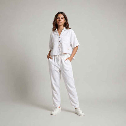 100% Pure Linen Relaxed Co-ord Set for Women - White