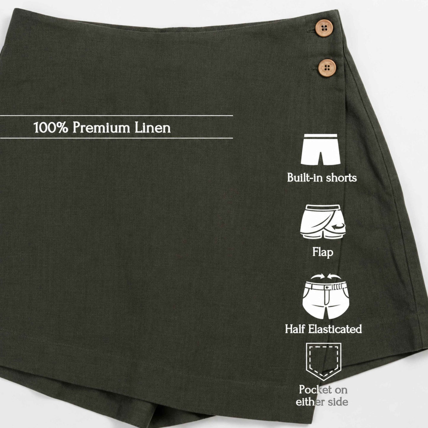 Linen Skorts for Women with Pockets- Olive