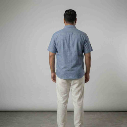 Linen Half-Sleeve Regular Collar Shirt for Men- Blue