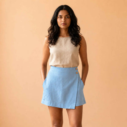 Linen Skorts for Women with Pockets- Sky Blue