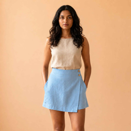 Linen Skorts for Women with Pockets- Sky Blue