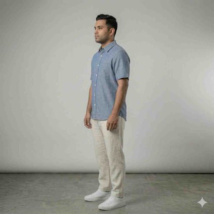 Linen Half-Sleeve Regular Collar Shirt for Men- Blue
