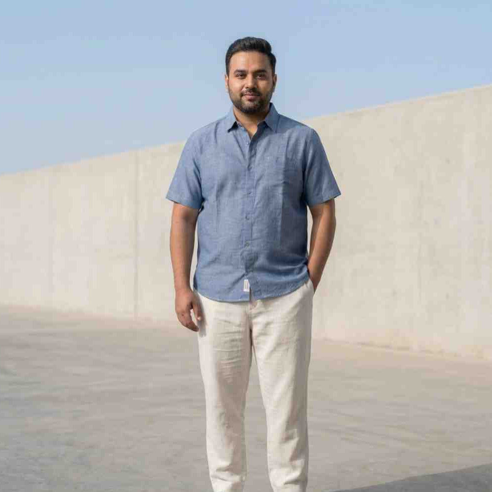 Linen Half-Sleeve Regular Collar Shirt for Men- Blue