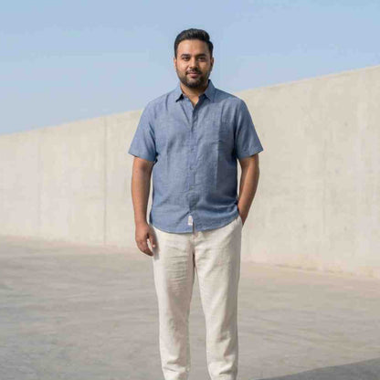 Linen Half-Sleeve Regular Collar Shirt for Men- Blue