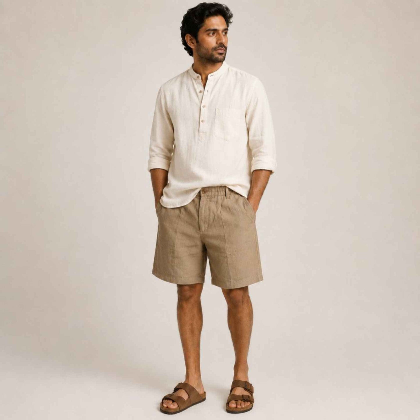 Linen Buttoned Shorts for Men- Olive