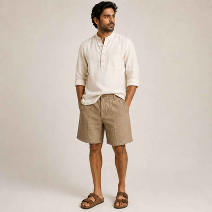 Linen Buttoned Shorts for Men- Olive