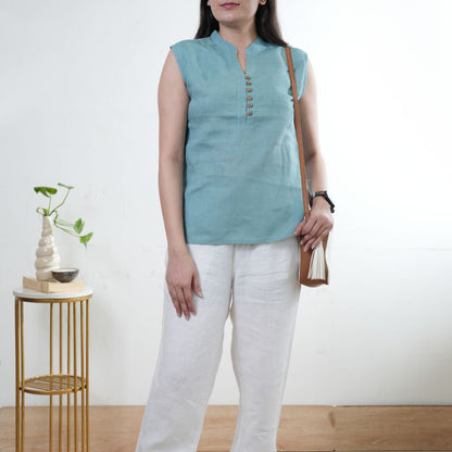100% Linen Mandarin Collared Top - Women