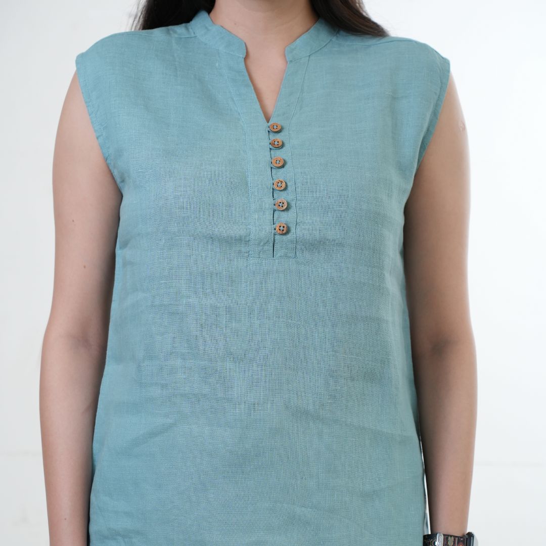 100% Linen Mandarin Collared Top - Women