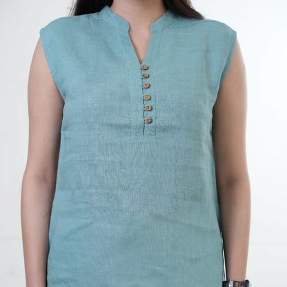 100% Linen Mandarin Collared Top - Women
