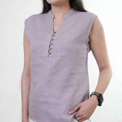 100% Linen Mandarin Collared Top - Women