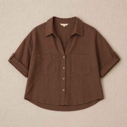 Oversized Boxy Crop Linen Shirt for Women- Brown