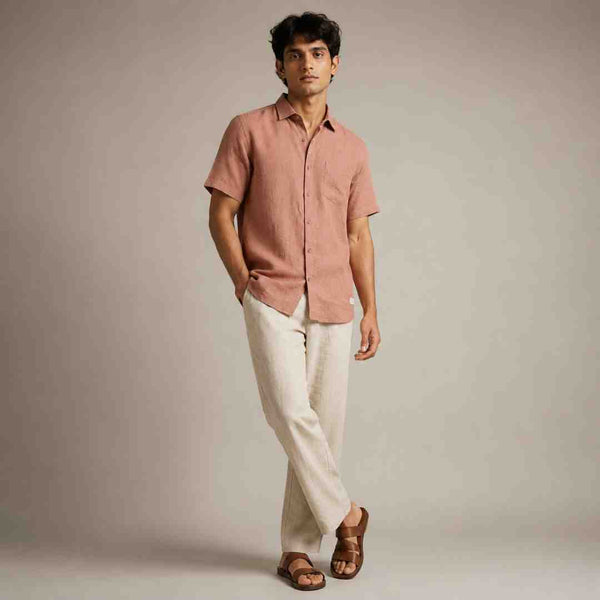 Linen Half-Sleeve Regular Collar Shirt for Men- Copper