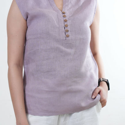 100% Linen Mandarin Collared Top - Women
