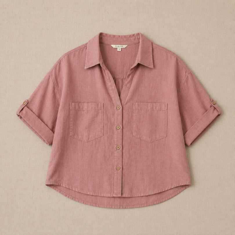 Oversized Boxy Crop Linen Shirt for Women- Rose