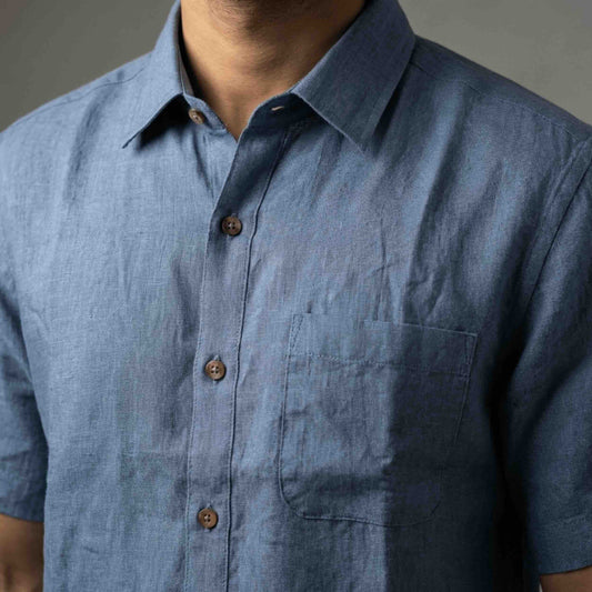 Linen Half-Sleeve Regular Collar Shirt for Men- Blue