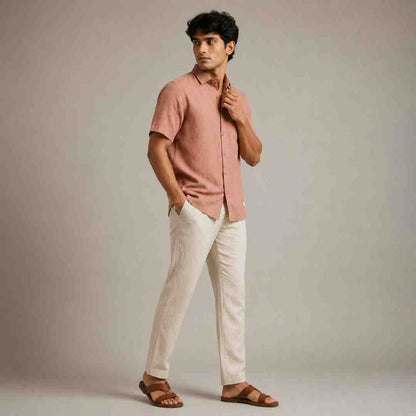 Linen Half-Sleeve Regular Collar Shirt for Men- Copper