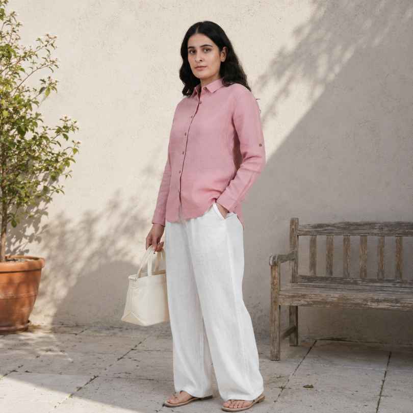 Linen Full-Sleeve Regular Shirt for Women- Rose