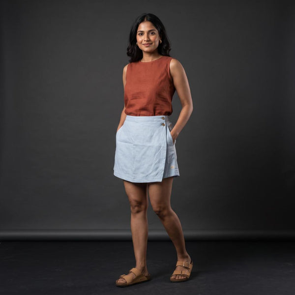 100% Pure Linen Skorts for Women with Pockets - Sky Blue