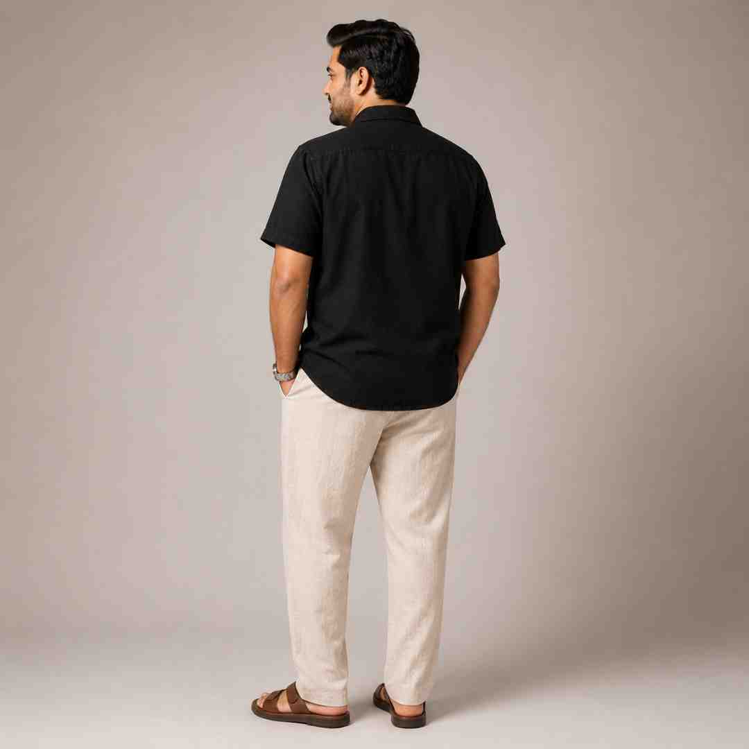 Linen Half-Sleeve Regular Collar Shirt for Men- Black