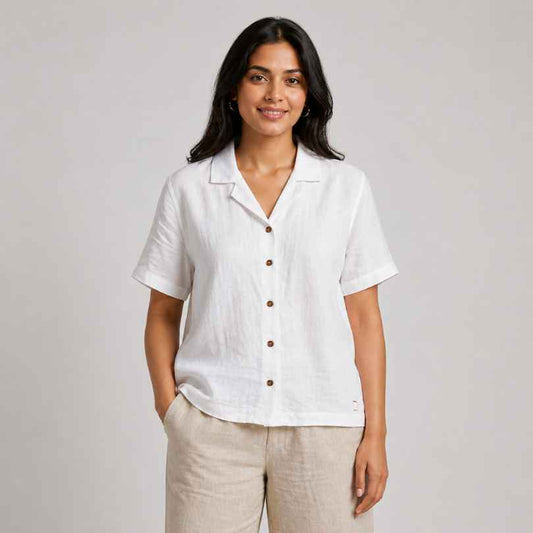 Open Collar Half Sleeve Linen Shirt - Women - White