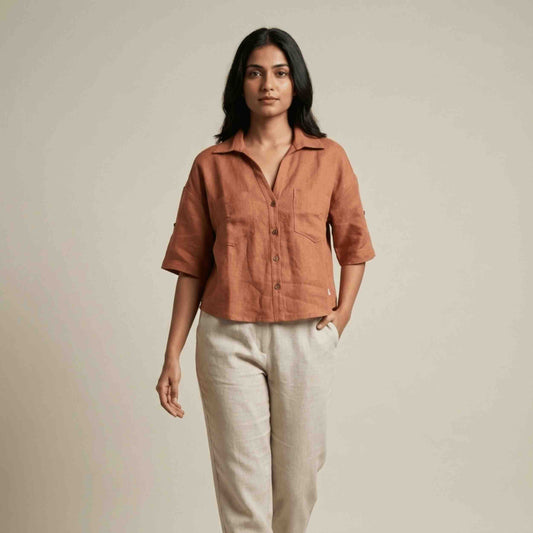 Oversized Boxy Crop Linen Shirt for Women- Rust