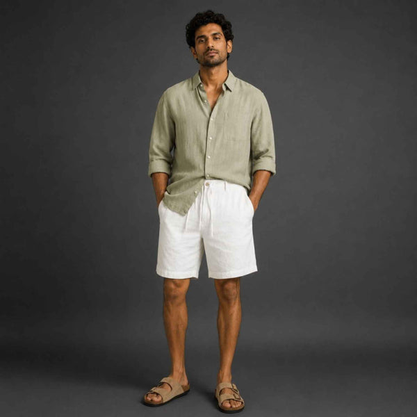 Linen Buttoned Shorts for Men- White