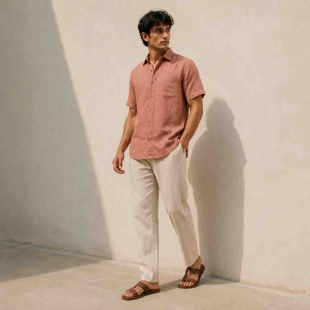 Linen Half-Sleeve Regular Collar Shirt for Men- Copper