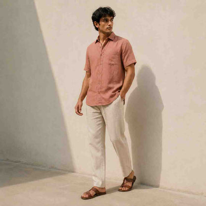 Linen Half-Sleeve Regular Collar Shirt for Men- Copper