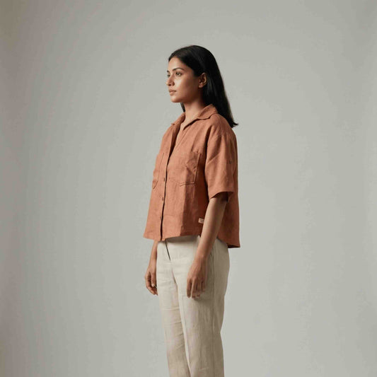 Oversized Boxy Crop Linen Shirt for Women- Rust